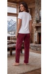 Linay Butik bordo renk Fransız kadife kumaş detaylı yumuşak kadın pijama altı ön görünümü
